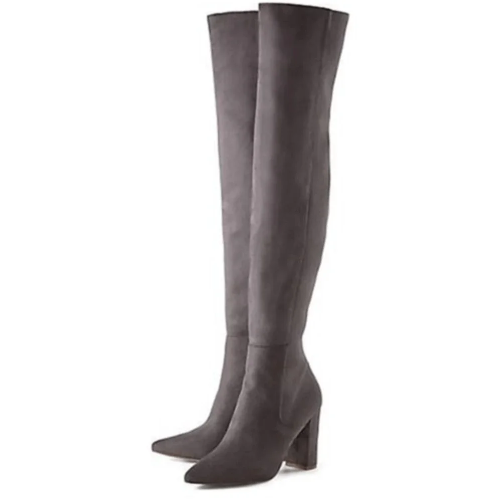 Everley Over The Knee Boots Women 10M Grey Taupe Faux Suede Block Heel Pointed